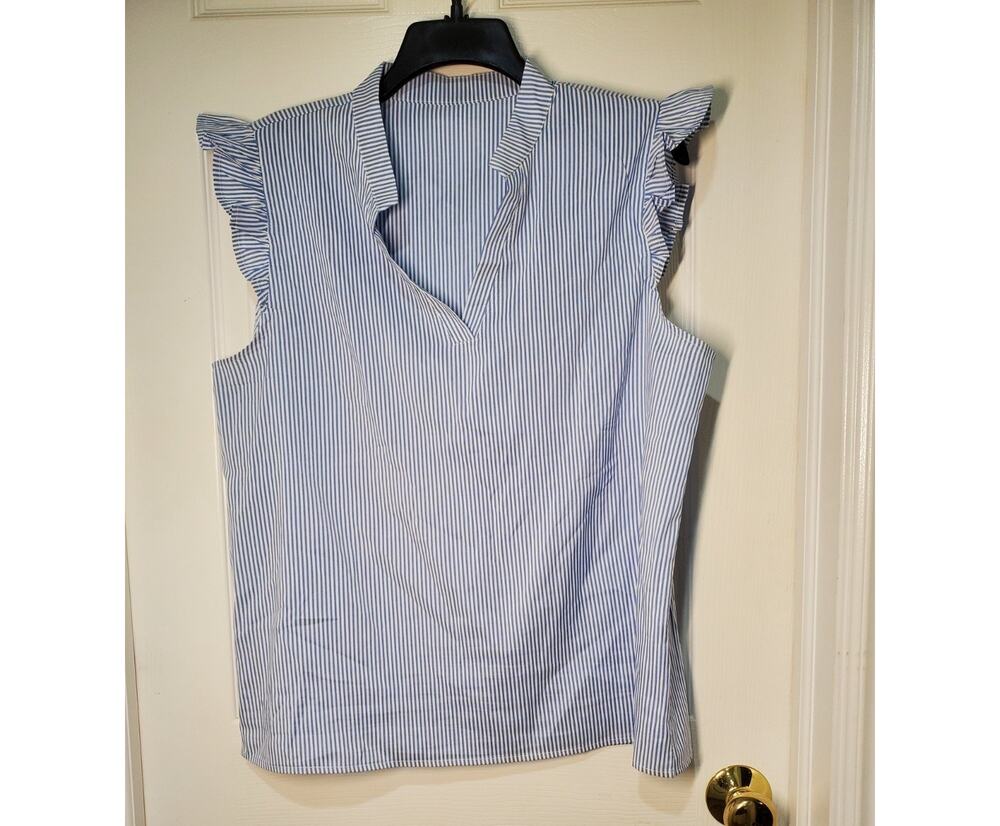 Womens XL Blue White Stripe Blouse Ruffle Sleeve V Neck Top Casual Preppy